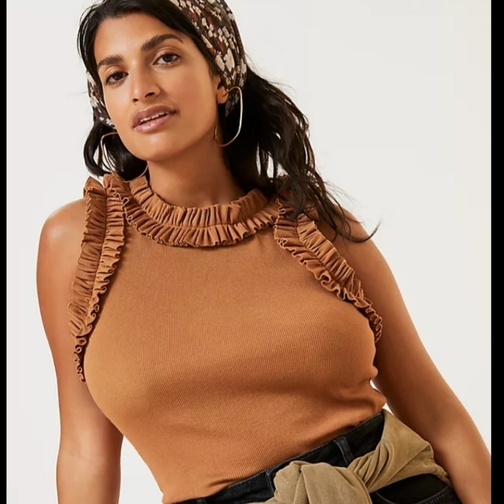NWT Anthropologie Porridge Ruffled & Ribbed Tank In Honey XL